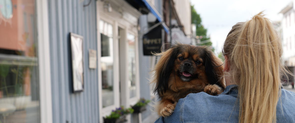 Tjej med tofs och jeansjacka bär en liten hund.