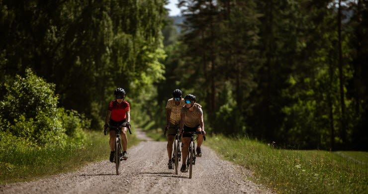 Cyklister på en grusväg i skogen.