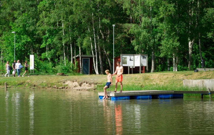 En badsjö med några barn på en flytbrygga. I bakgrunden syns höga, gröna björkar.