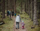 En äldre man håller en lite flicka i handen och går på en stig i skogen.